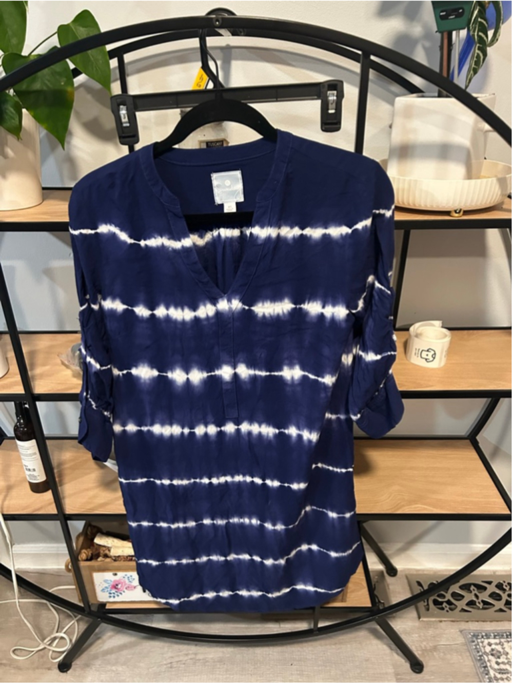 Women's Sunday Navy White Tie-Dye Long Sleeve Tee XS